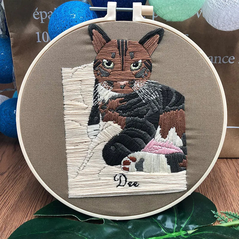 Cat DIY embroidery kit with three-dimensional European cross stitch design on cotton fabric