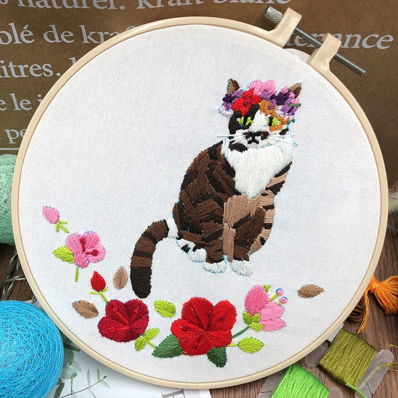 Cat DIY embroidery kit with three-dimensional European cross stitch design on cotton fabric