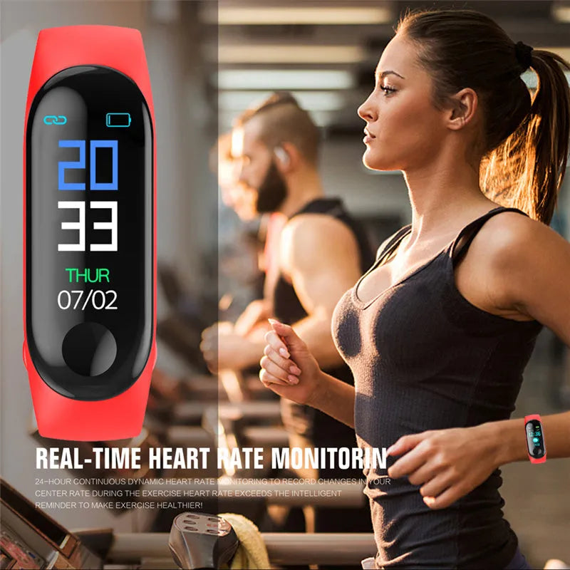 M3 smart bracelet with colour screen showing heart rate display on black wristband