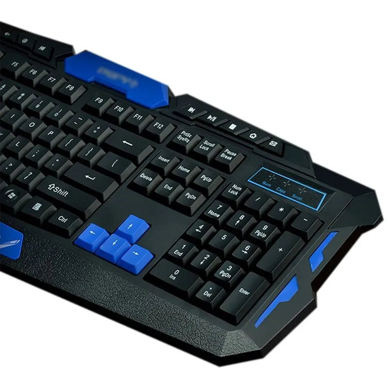 Black and blue wireless keyboard and mouse set with ergonomic design on desk