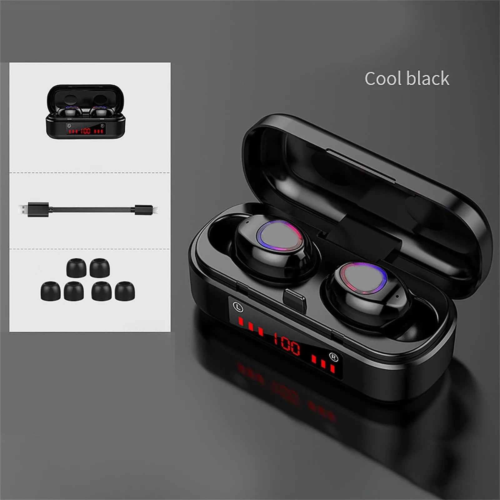 Wireless Bluetooth TWS headset with charging case and multiple ear cap sizes