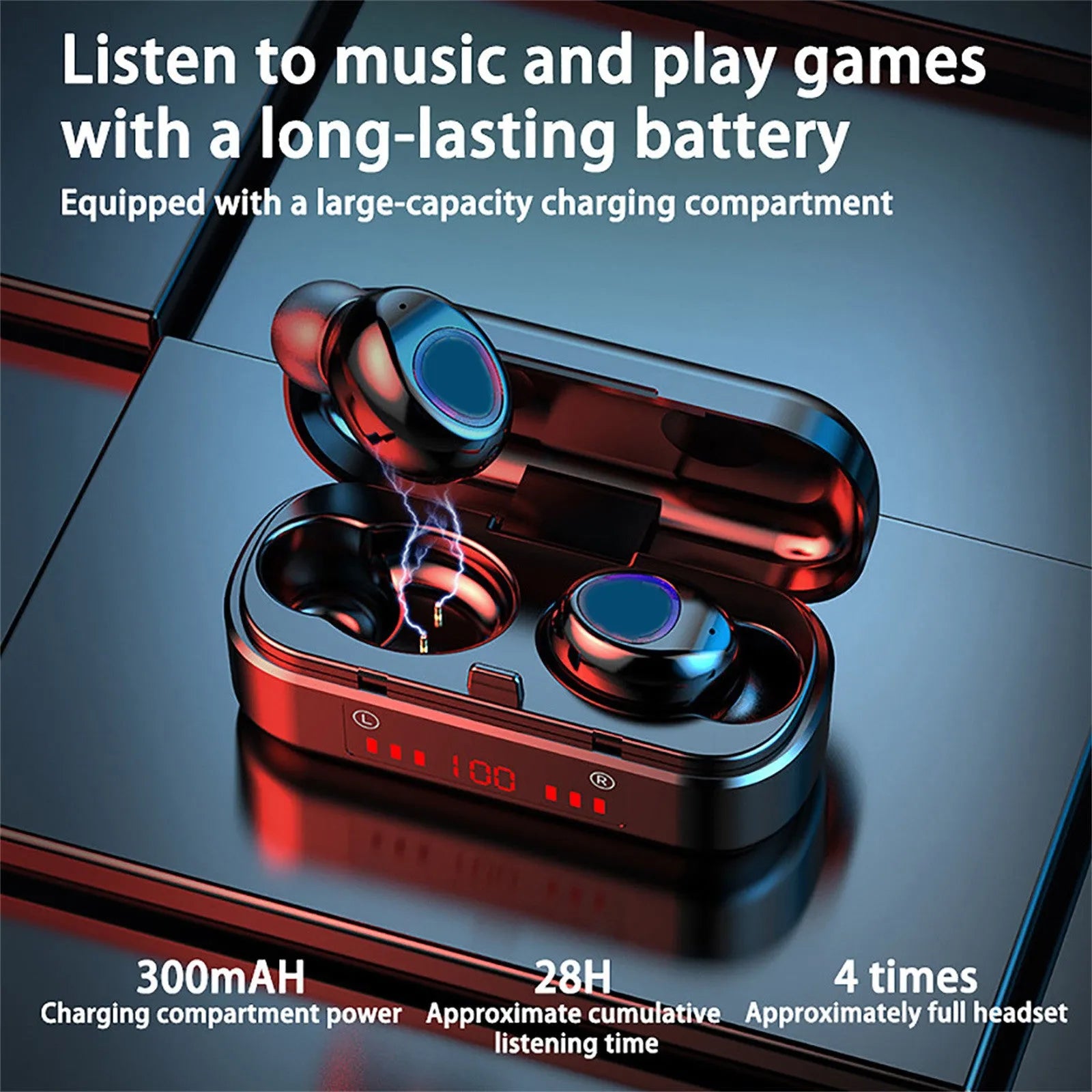 Wireless Bluetooth TWS headset with charging case and multiple ear cap sizes