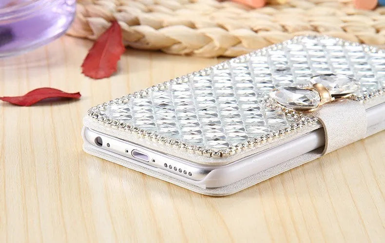 Luxury bling crystal rhinestone diamond wallet flip cover case for iPhone and Samsung in rose gold