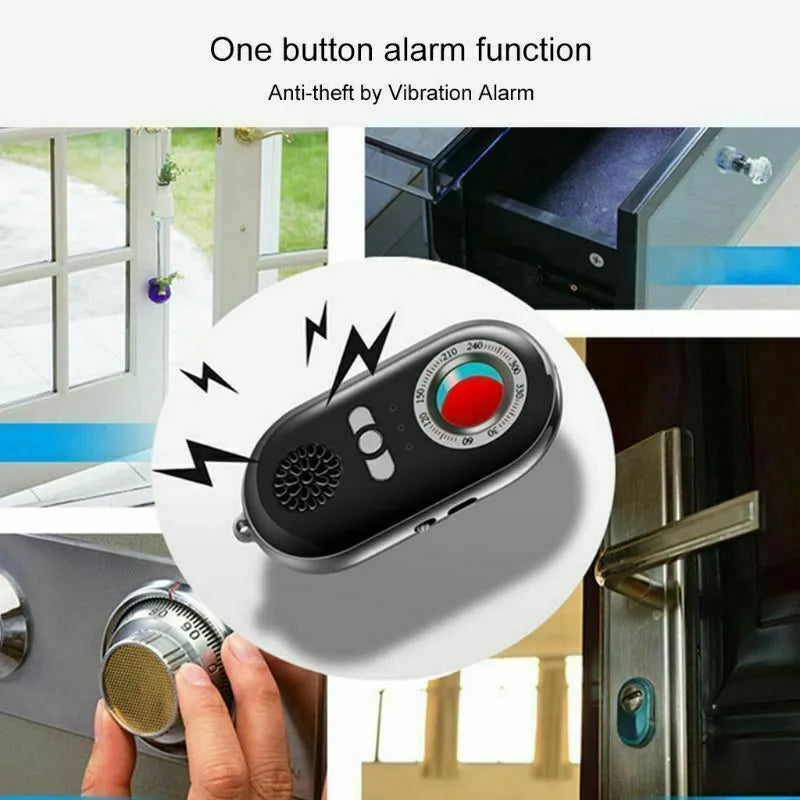 Compact wireless signal detector measuring 85mm with vibration alarm for travel security