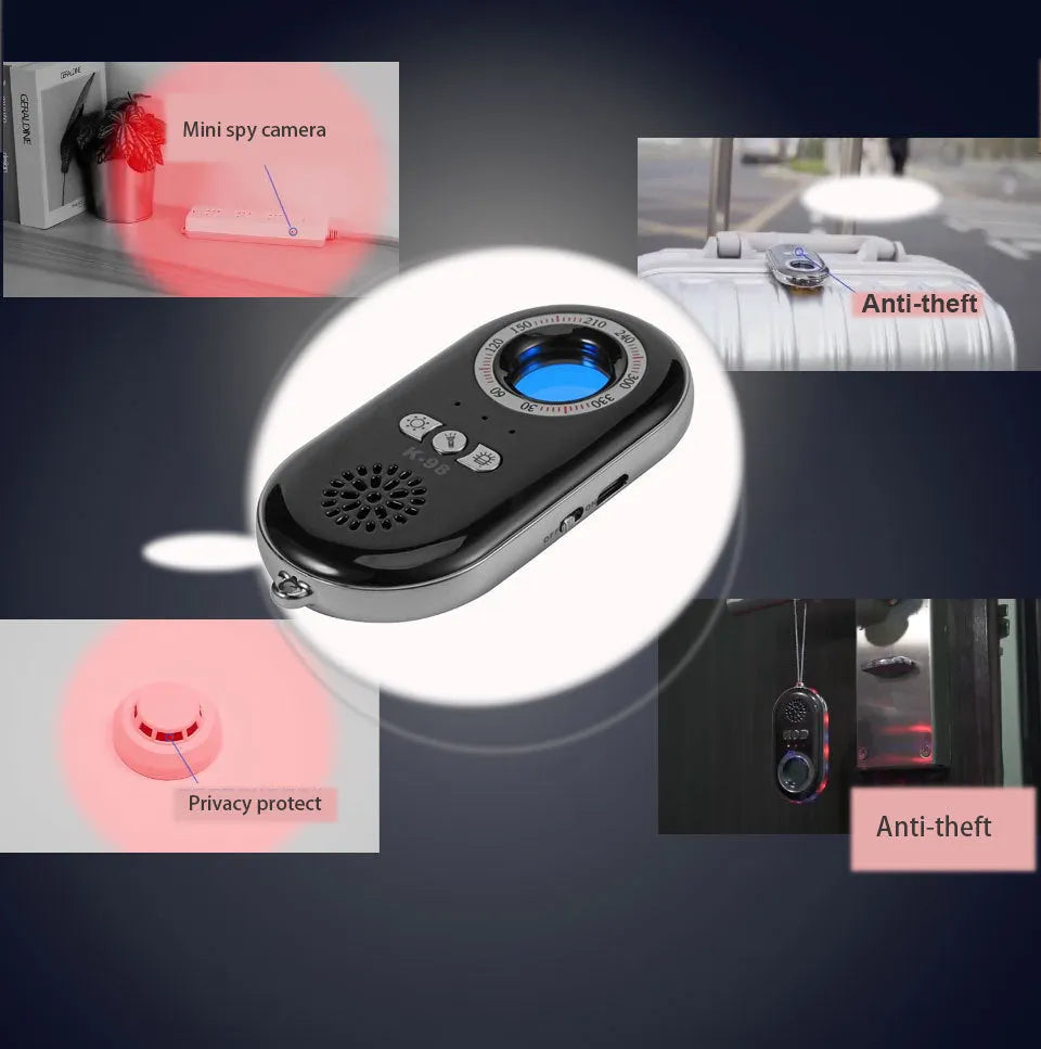 Compact wireless signal detector measuring 85mm with vibration alarm for travel security