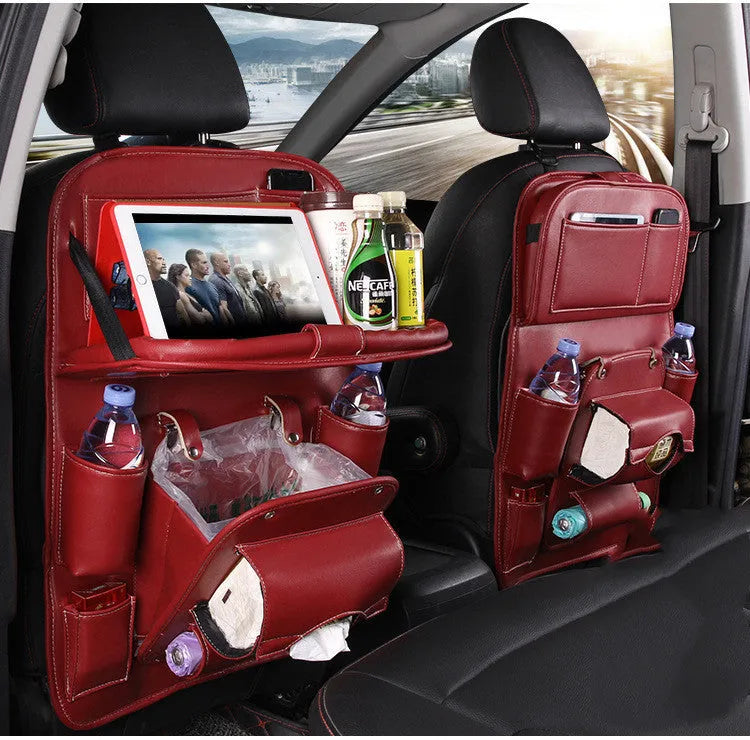 PU leather car seat back hanging storage bag with multiple pockets and built-in trash can.