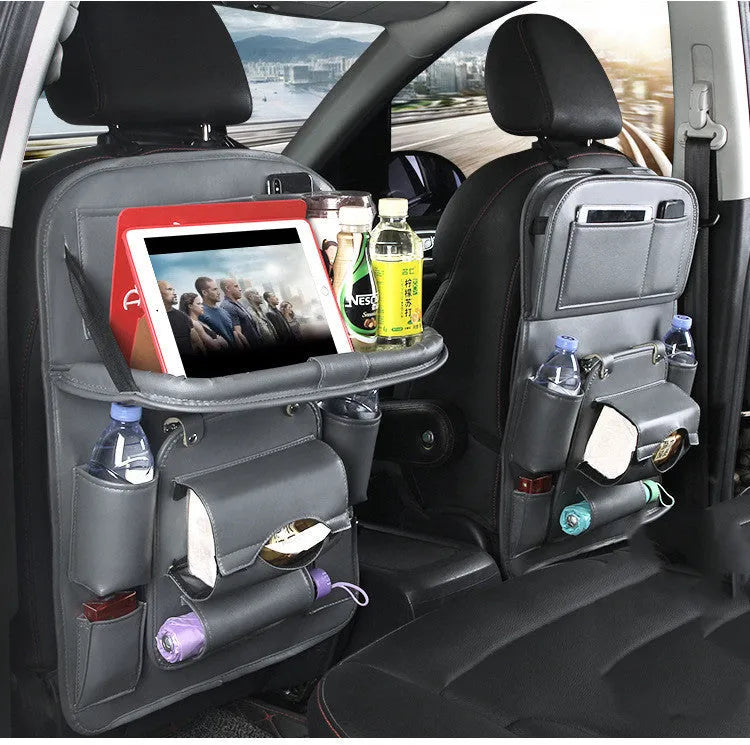 PU leather car seat back hanging storage bag with multiple pockets and built-in trash can.