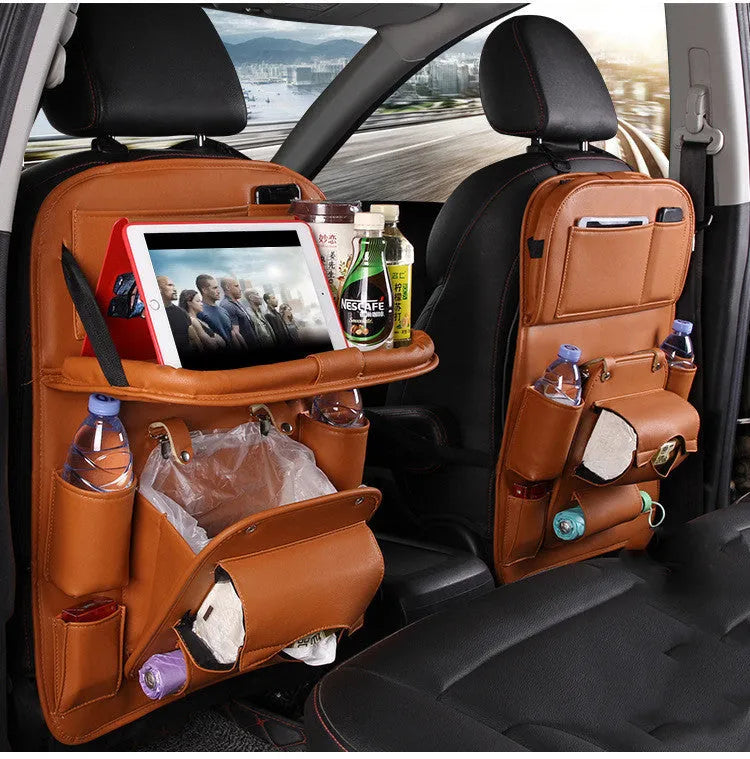 PU leather car seat back hanging storage bag with multiple pockets and built-in trash can.