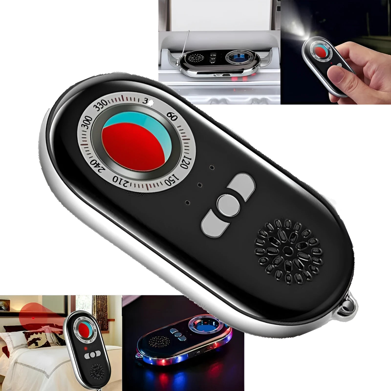Compact wireless signal detector measuring 85mm with vibration alarm for travel security