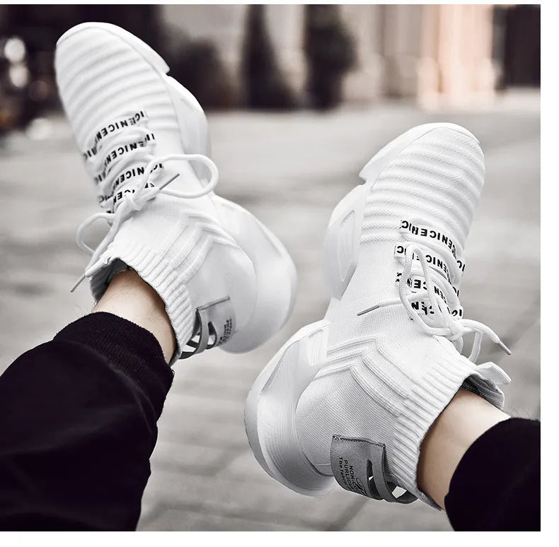 Men's black and white casual sports shoes with mesh lining, large size range available