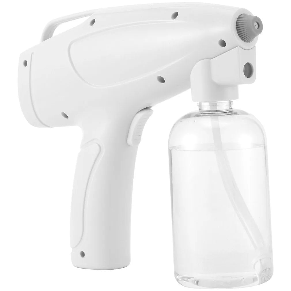 White handheld wireless electric spray disinfection gun with bottle and USB cable