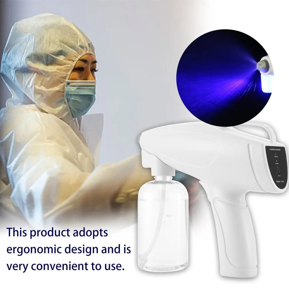 White handheld wireless electric spray disinfection gun with bottle and USB cable