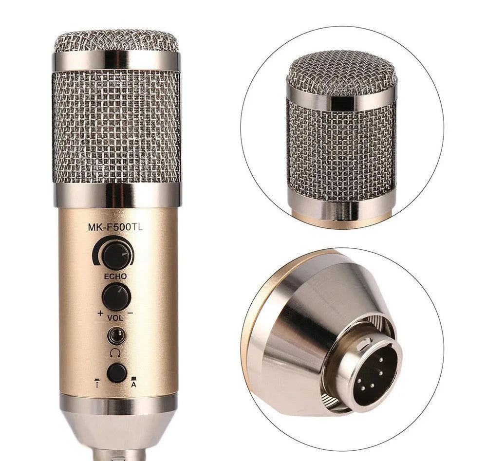 Gold-coloured wireless condenser microphone for mobile phone and computer with included bracket.