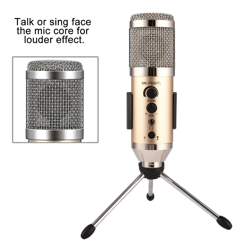 Gold-coloured wireless condenser microphone for mobile phone and computer with included bracket.