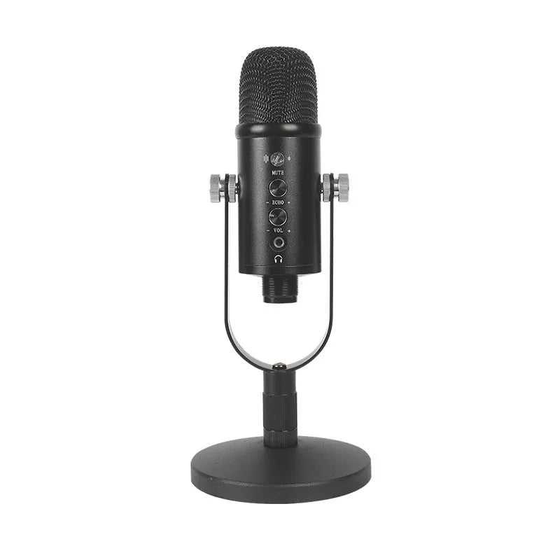 Black JIY BM-86PRO USB condenser microphone on metal stand with foam cover