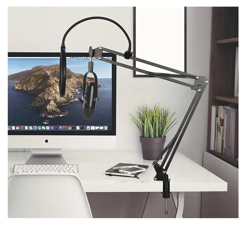 Black JIY BM-86PRO USB condenser microphone on metal stand with foam cover