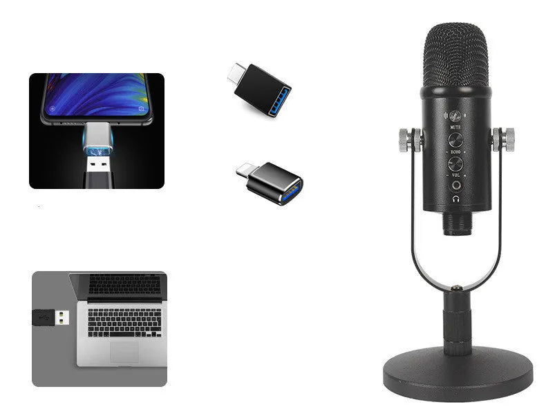 Black JIY BM-86PRO USB condenser microphone on metal stand with foam cover