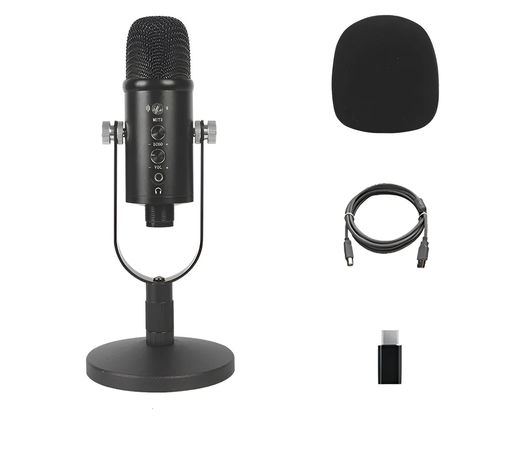 Black JIY BM-86PRO USB condenser microphone on metal stand with foam cover