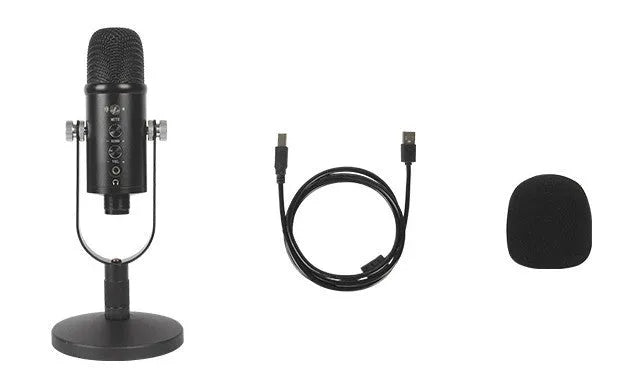 Black JIY BM-86PRO USB condenser microphone on metal stand with foam cover