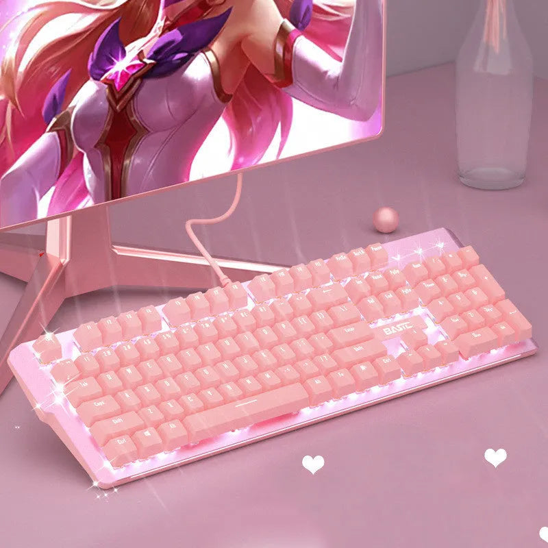 Pink mechanical keyboard and matching wired mouse set for PC gaming with backlit keys.