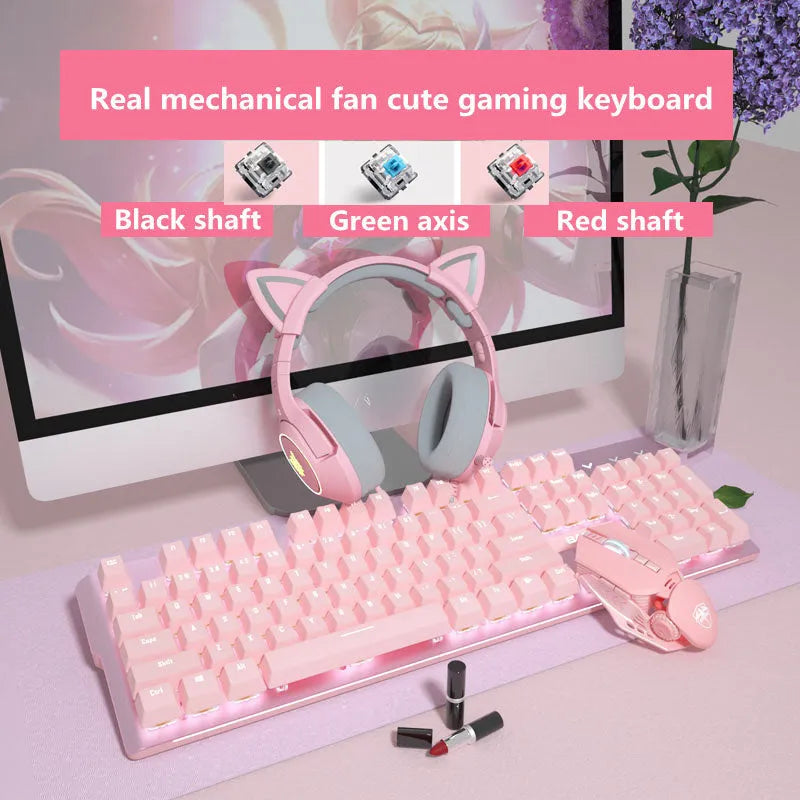 Pink mechanical keyboard and matching wired mouse set for PC gaming with backlit keys.