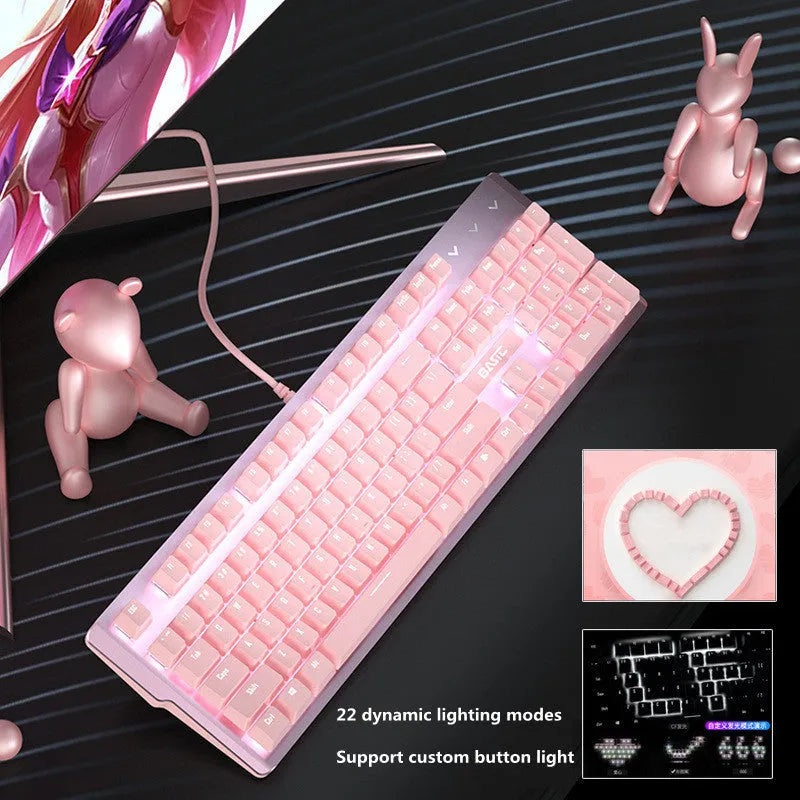 Pink mechanical keyboard and matching wired mouse set for PC gaming with backlit keys.