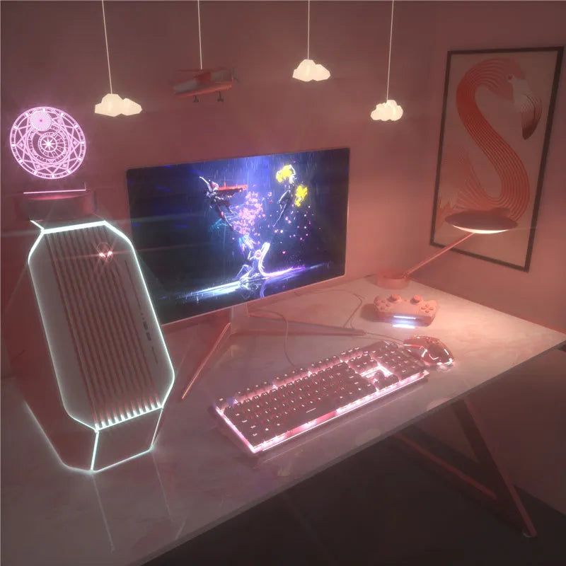 Pink mechanical keyboard and matching wired mouse set for PC gaming with backlit keys.