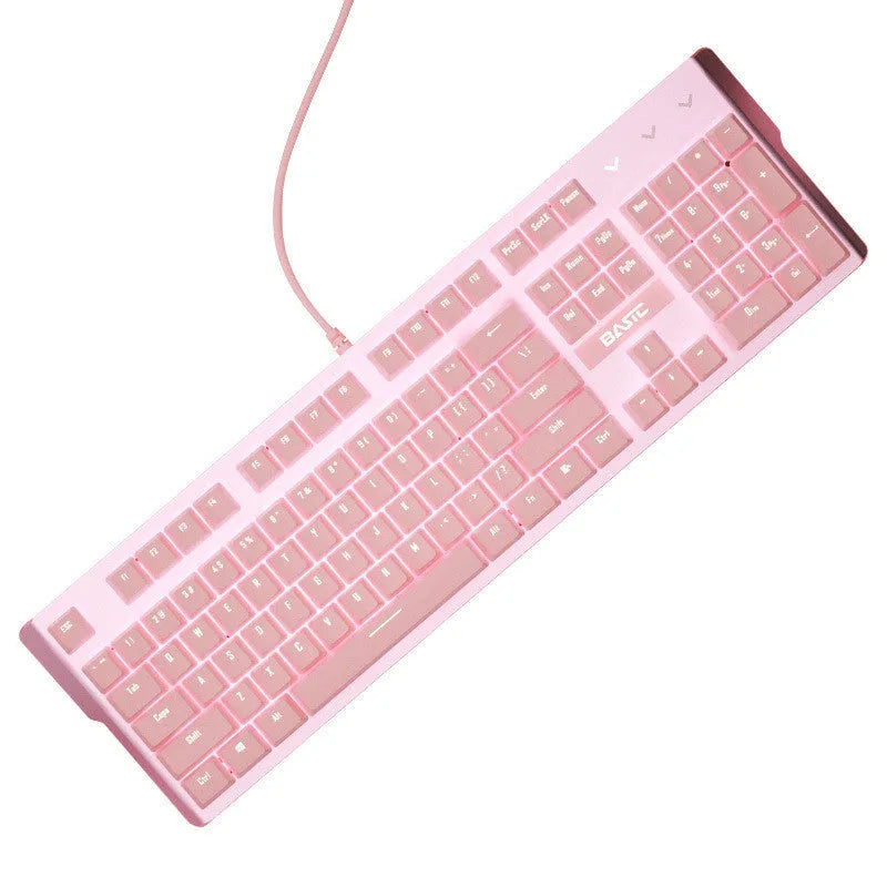 Pink mechanical keyboard and matching wired mouse set for PC gaming with backlit keys.