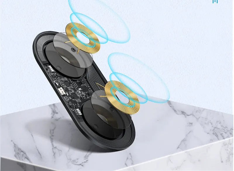 Baseus minimalist two-in-one wireless charger for phones and pods in black, transparent, or white