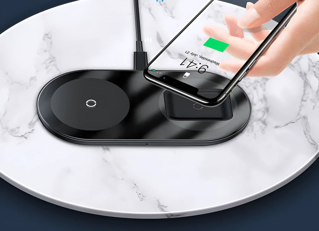 Baseus minimalist two-in-one wireless charger for phones and pods in black, transparent, or white