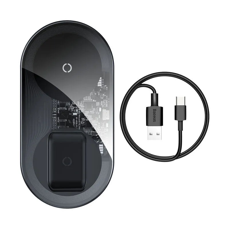 Baseus minimalist two-in-one wireless charger for phones and pods in black, transparent, or white