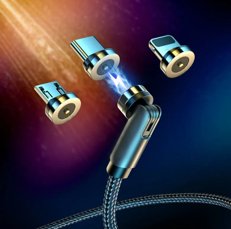 Black magnetic USB charging cable with rotating aluminium connector and blue LED light on 1m nylon braided cable