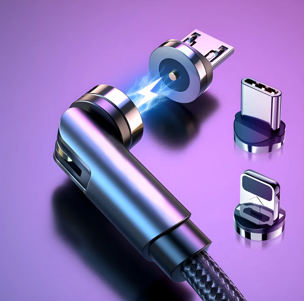 Black magnetic USB charging cable with rotating aluminium connector and blue LED light on 1m nylon braided cable
