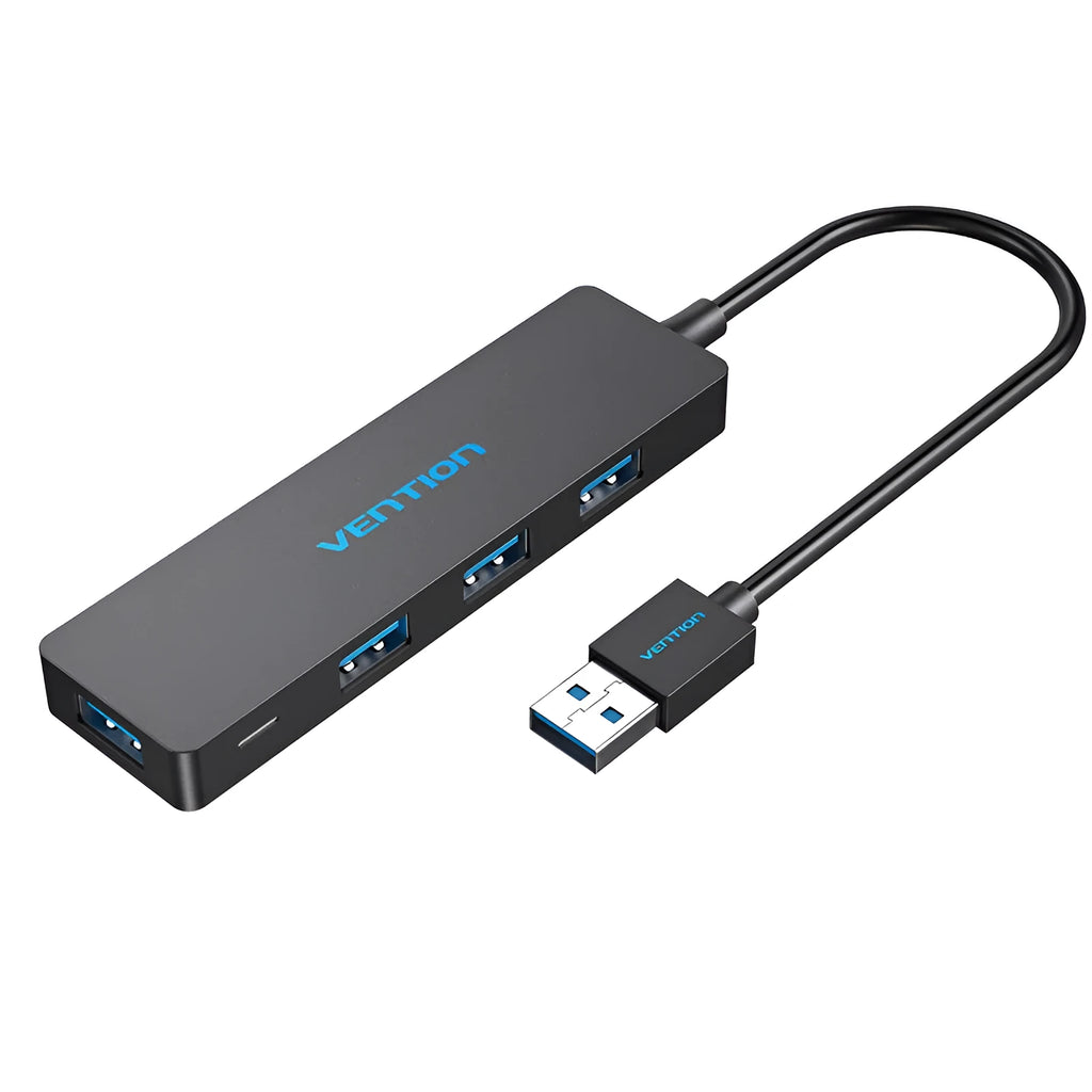 Black USB 3.0 four-port hub with nickel-plated connectors and braided 0.15 metre cable