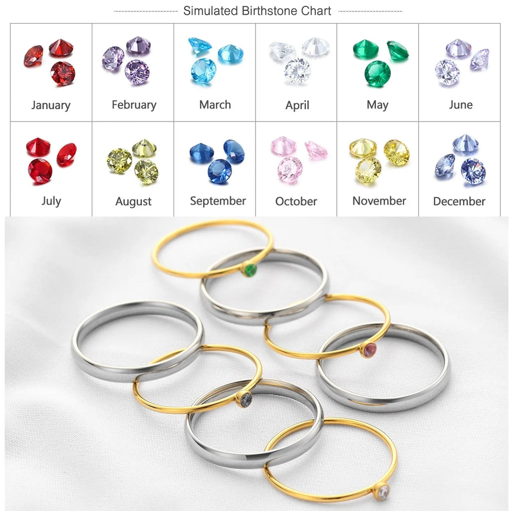 Geometric titanium steel ring with engraved design in December birthstone colour on a finger.