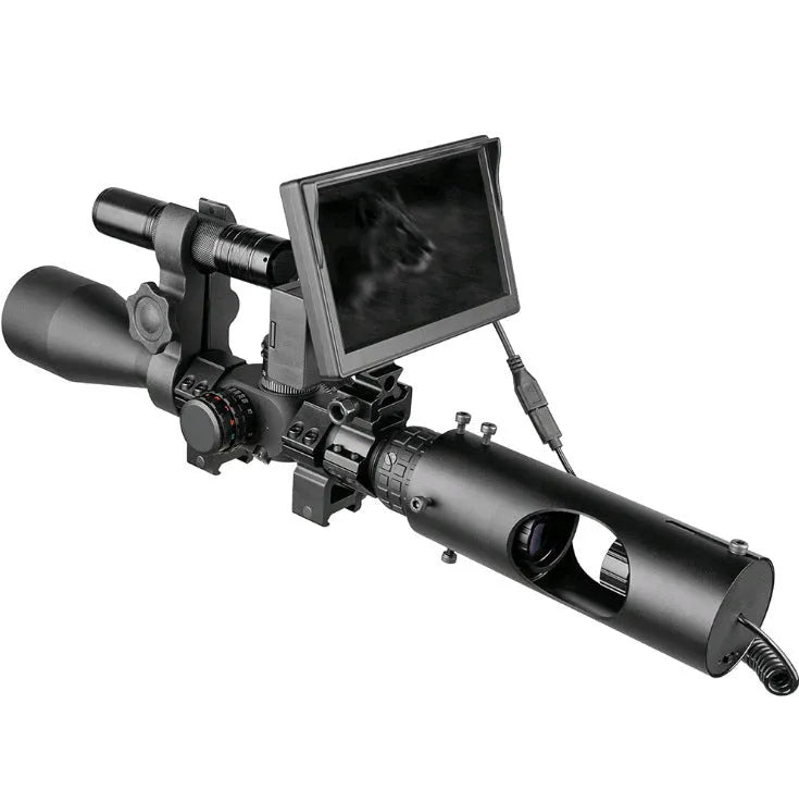 Black digital night vision goggles with 5-inch LCD display and infrared illumination for low-light viewing