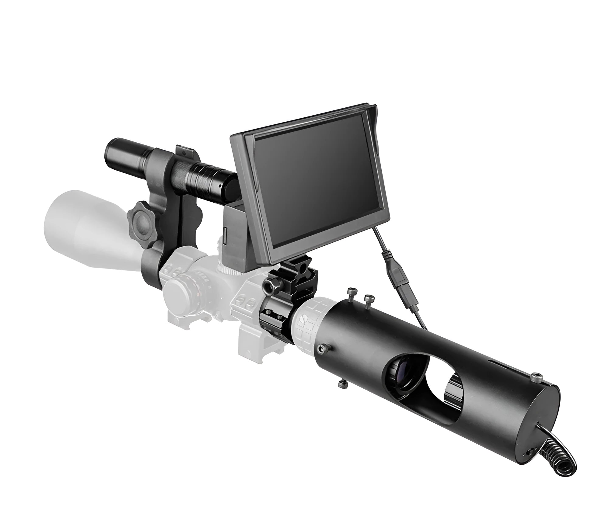 Black digital night vision goggles with 5-inch LCD display and infrared illumination for low-light viewing
