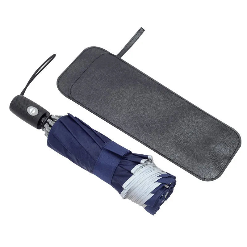 Automatic reverse umbrella showing three-fold design and plastic non-slip handle