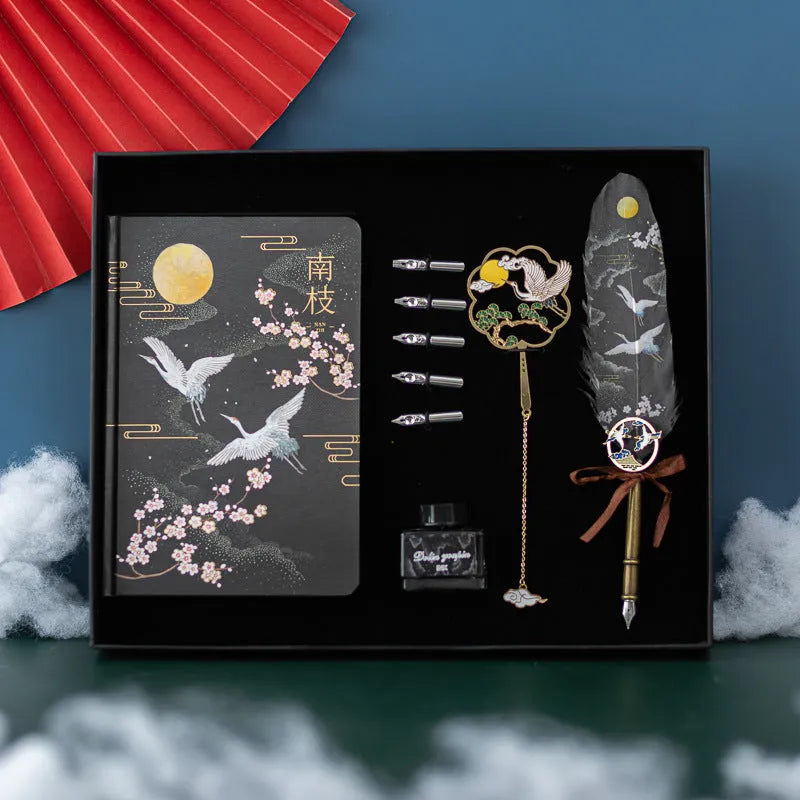 Chinese style metal sheath feather pen set with four colour themed feathers.