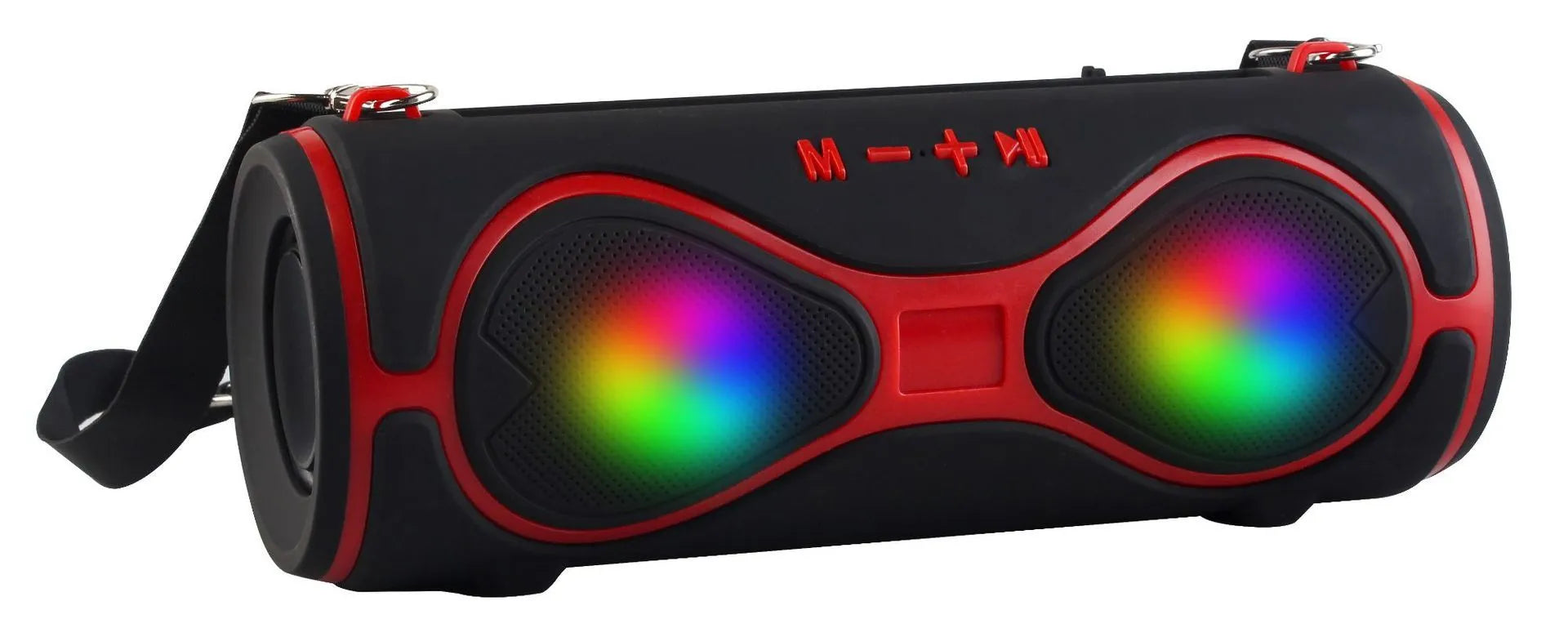 Compact multifunctional Bluetooth speaker with lantern light, strap, and phone stand in five colour options.