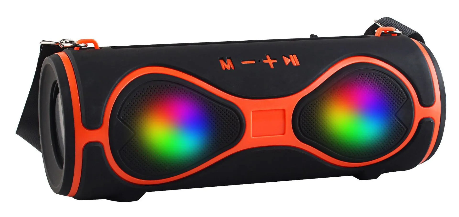 Compact multifunctional Bluetooth speaker with lantern light, strap, and phone stand in five colour options.