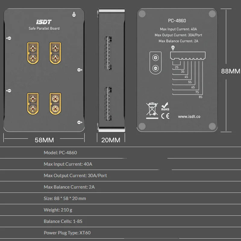 Grey Astor parallel charging board with XT60 connectors for drone batteries