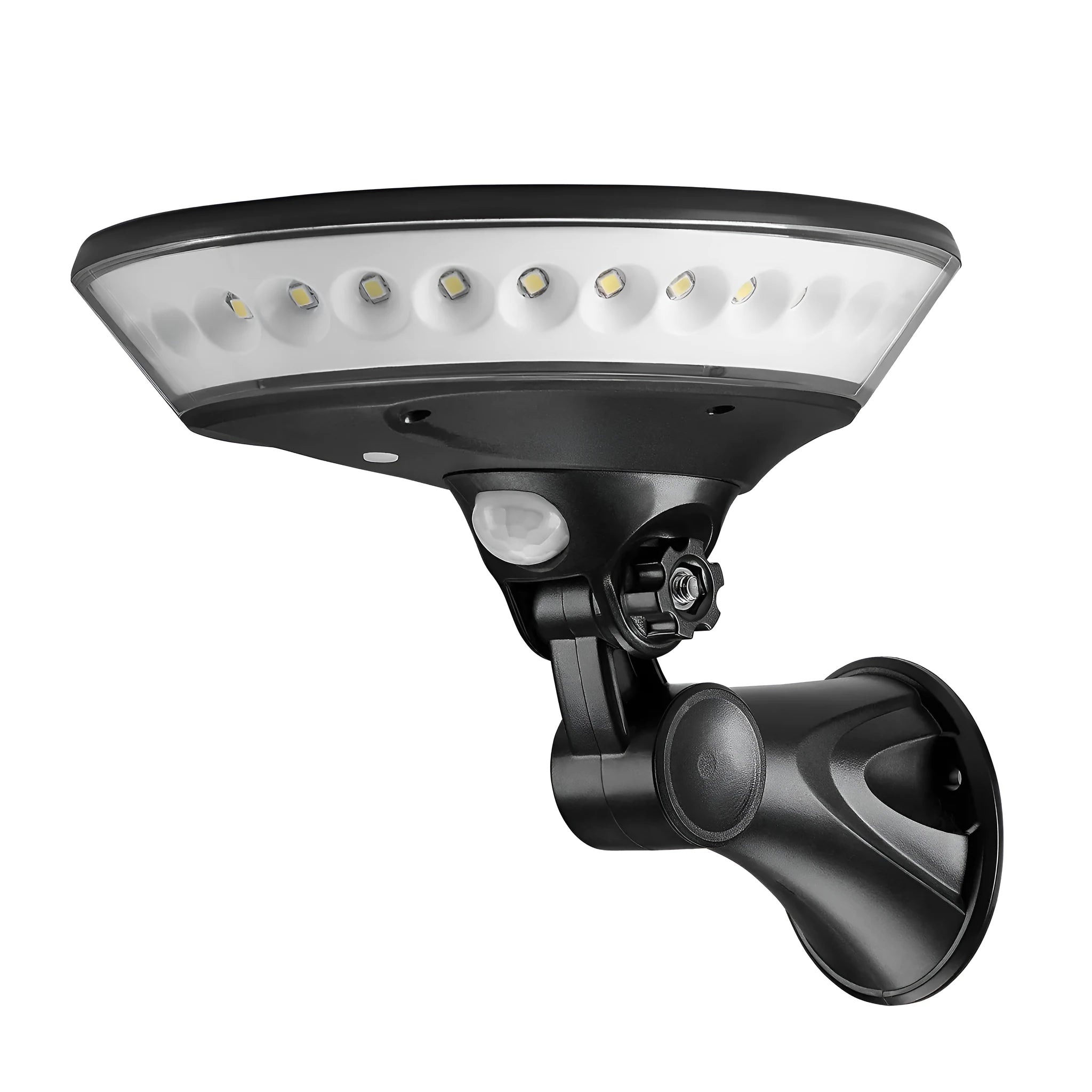 White 360-degree solar-powered outdoor light with motion sensor on a stake for garden installation.