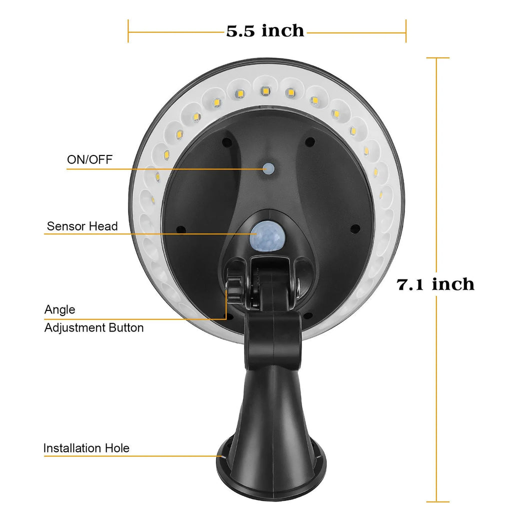 White 360-degree solar-powered outdoor light with motion sensor on a stake for garden installation.