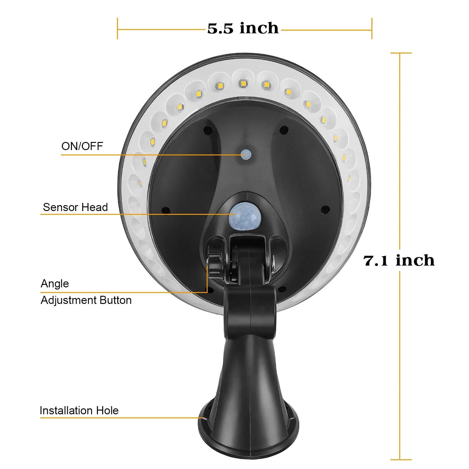 White 360-degree solar-powered outdoor light with motion sensor on a stake for garden installation.