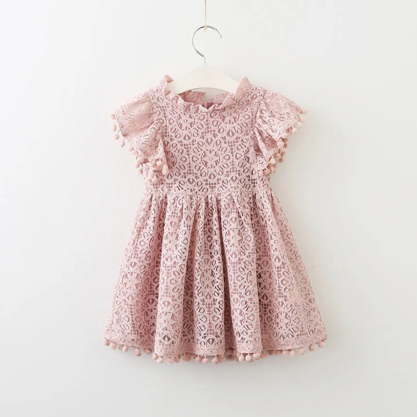 Childrens tassel hollow out princess dress summer Korean style girls dress soft folds fabric Class A