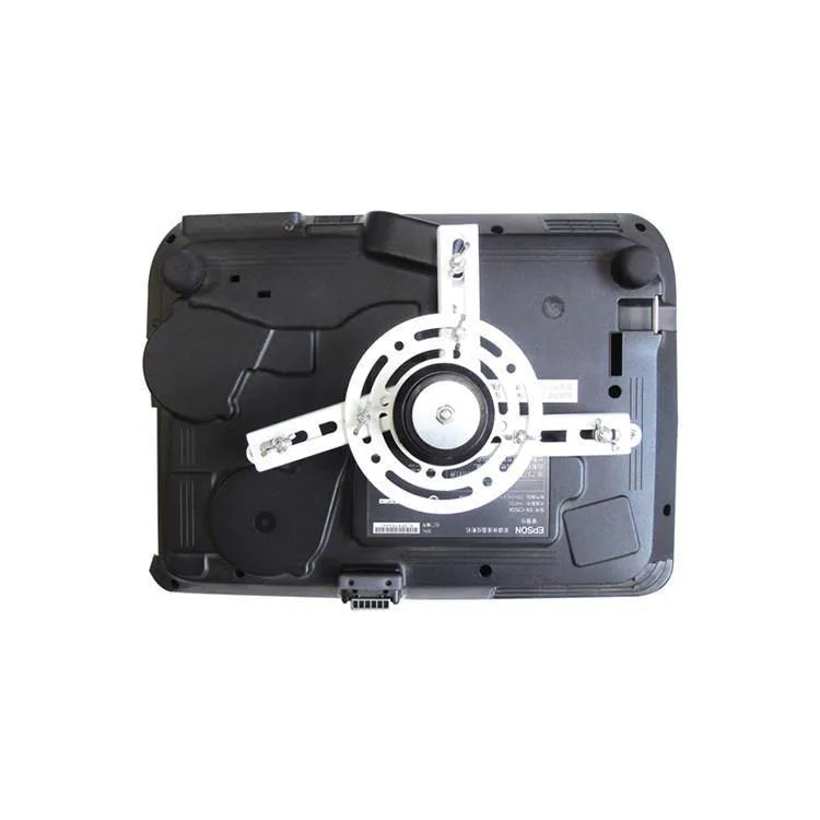Projector electric ceiling hanger with ultra-thin metal chassis and wireless remote control on a white background.