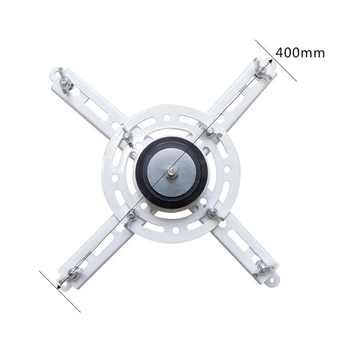 Projector electric ceiling hanger with ultra-thin metal chassis and wireless remote control on a white background.