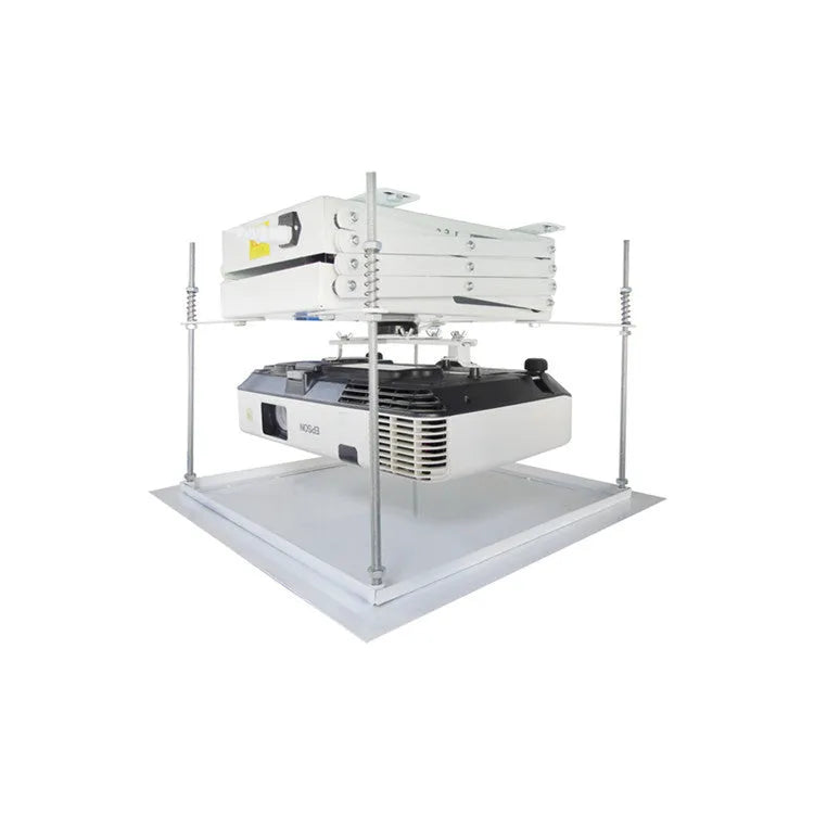 Projector electric ceiling hanger with ultra-thin metal chassis and wireless remote control on a white background.