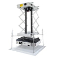 Projector electric ceiling hanger with ultra-thin metal chassis and wireless remote control on a white background.